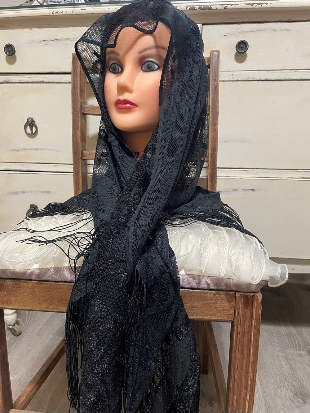 Black Lace Fringe Scarf - Elegant Women's Accessory